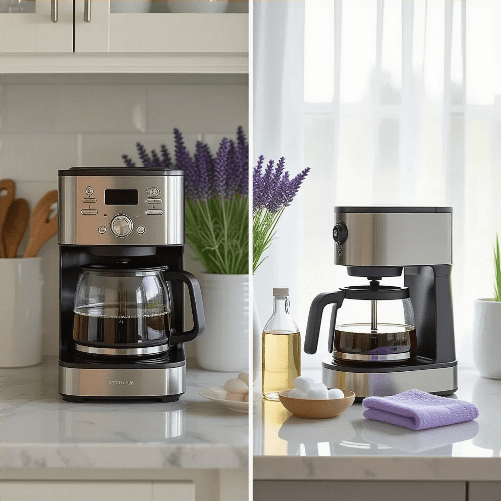 How to Clean and Descale Your Coffee Maker: The Ultimate Guide to Fresh-Tasting Coffee Before-and-after transformation of a coffee maker in a stylish kitchen vignette, featuring a neglected machine contrasted with a pristinely cleaned version on a contemporary countertop, illuminated by soft natural light; organized cleaning supplies, including vinegar, tablets, and cloths, are arranged like a centerpiece, complemented by lavender and silver accents.