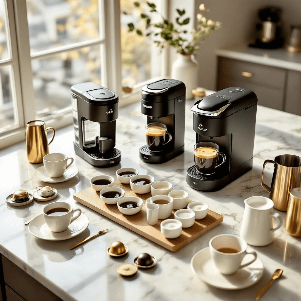 The Ultimate Guide to Single-Serve Coffee Makers: Finding Your Perfect Brew Companion Overhead view of a modern kitchen counter showcasing an elegant coffee tasting event with a sleek Keurig and Nespresso machine, marble countertops, neatly arranged coffee cups, and decorative coffee pods, all under soft morning light in a gold and ivory color palette.