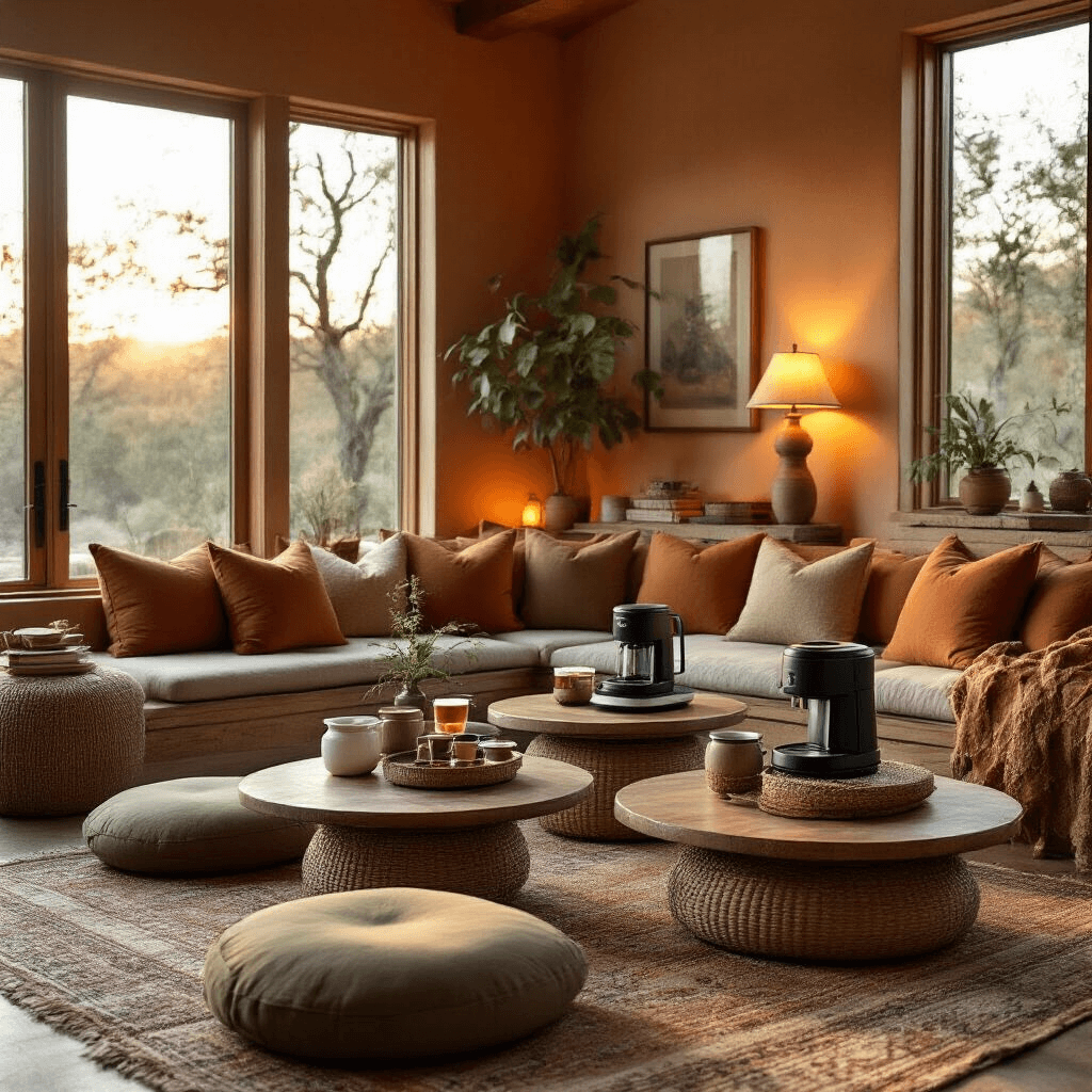 The Ultimate Guide to Single-Serve Coffee Makers: Finding Your Perfect Brew Companion Cozy living room during golden hour, featuring round low tables with floor cushions displaying various single-serve coffee makers, warm terracotta and sage color palette, rustic wood elements, silk cushions, and ambient lighting from lamps, with coffee storage containers and brewing accessories styled decoratively.