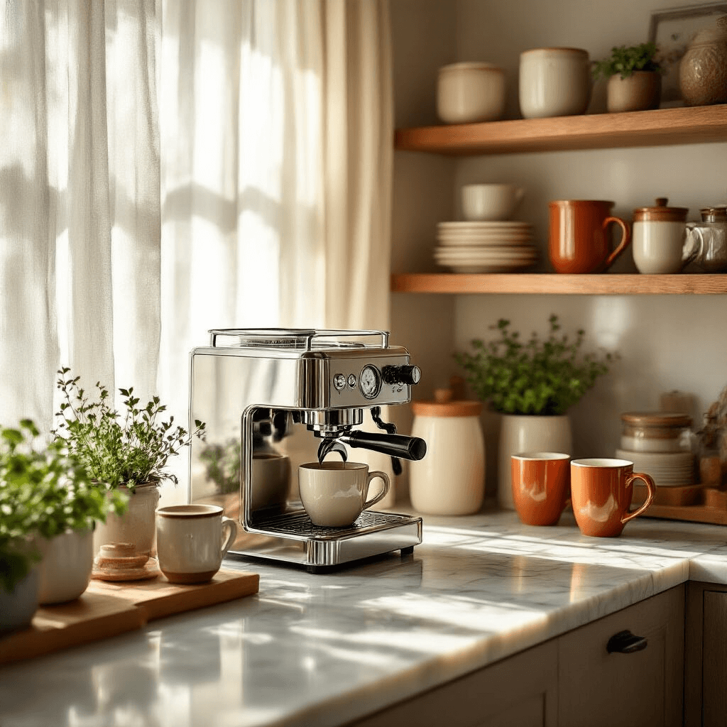 Creating the Perfect Home Coffee Bar: A Comprehensive Guide Cinematic wide-angle shot of a cozy kitchen coffee bar featuring a polished chrome espresso machine, ceramic canisters, and wooden accessories on a marble countertop, illuminated by soft morning sunlight filtering through sheer curtains.