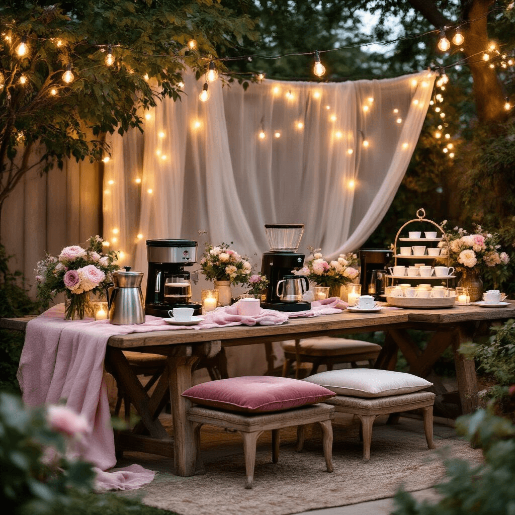 The Ultimate Guide to Single-Serve Coffee Makers: Finding Your Perfect Brew Companion A cozy outdoor coffee party setup featuring rustic wooden tables with various coffee makers, blush pink and cream linens, fresh floral arrangements, and magical string lights illuminating tiered coffee cup displays, all complemented by velvet chair cushions and sheer drapery.