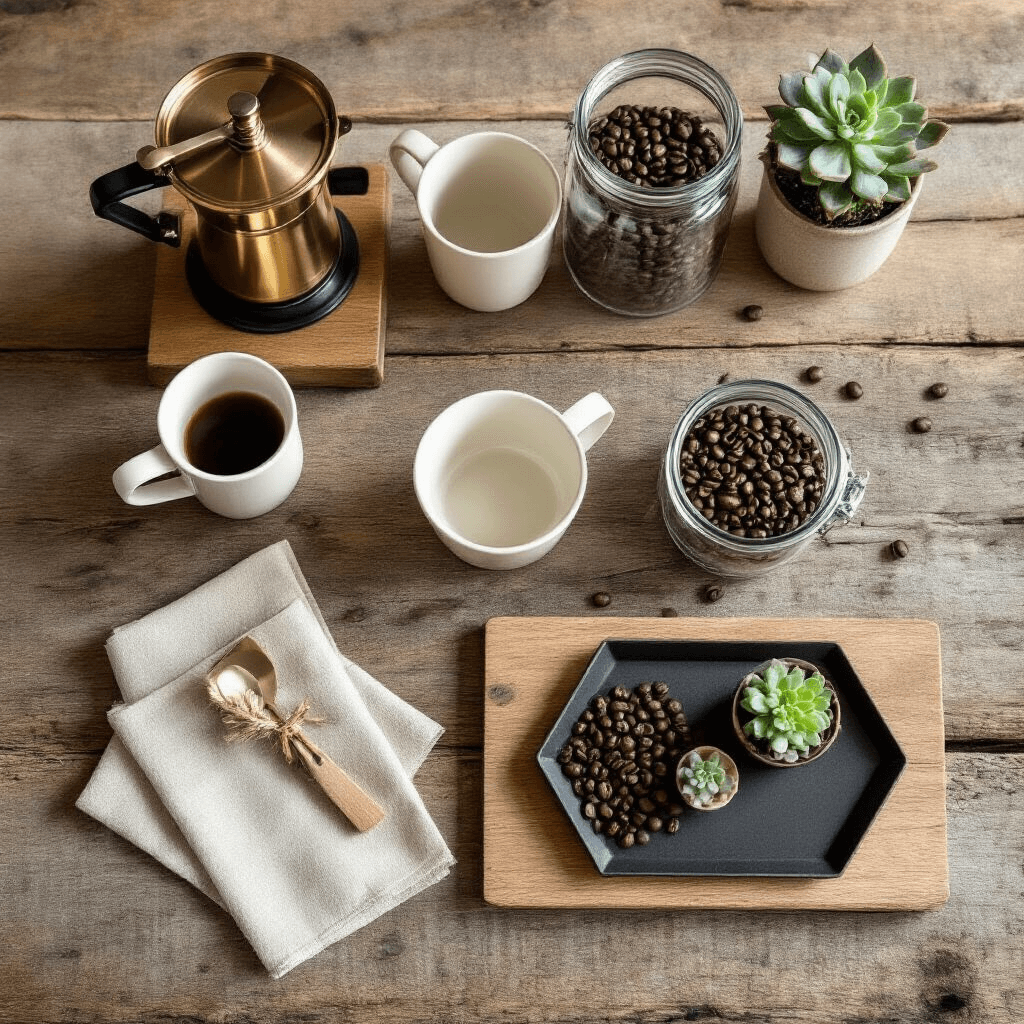 Creating the Perfect Home Coffee Bar: A Comprehensive Guide Elegant coffee bar setup featuring white ceramic mugs, a brass coffee grinder, and glass jars of coffee beans on a reclaimed wood surface, styled in a minimalist Scandinavian aesthetic with soft lighting and a palette of ivory, warm oak, and matte black accents.