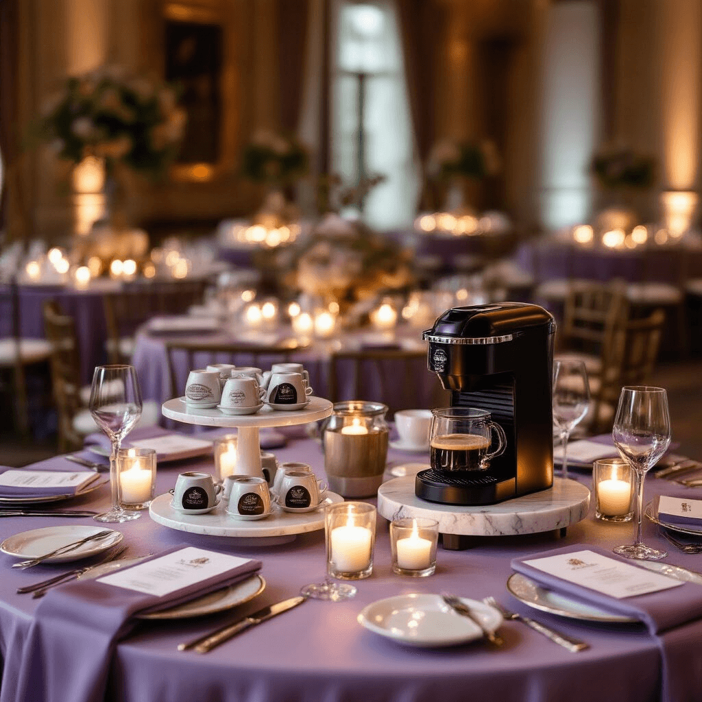 The Ultimate Guide to Single-Serve Coffee Makers: Finding Your Perfect Brew Companion Close-up of an elegant indoor ballroom coffee showcase featuring round tables adorned with lavender and silver textiles, marble cake stands displaying coffee pods, and sophisticated candlelit ambiance highlighting glassware and ceramic accessories, creating an upscale coffee appreciation event atmosphere.