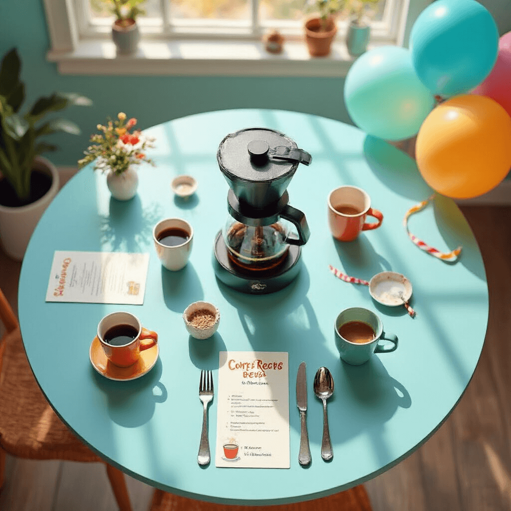 The Ultimate Guide to Single-Serve Coffee Makers: Finding Your Perfect Brew Companion Flat lay of a cozy coffee workshop setup featuring a round table with a coffee maker, brewing accessories, and colorful ceramic cups, all arranged symmetrically in a vibrant primary color scheme, enhanced by playful streamers and balloons in soft morning light.