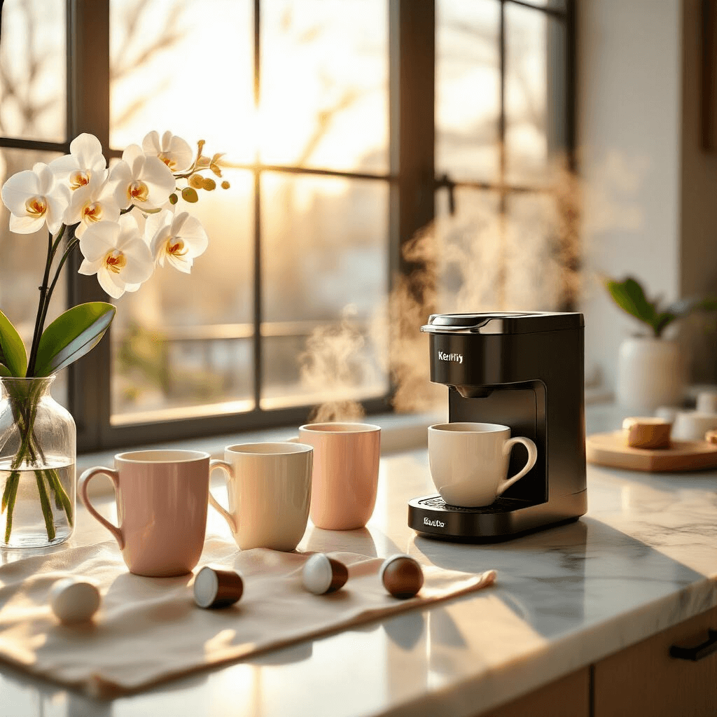 Single Cup Coffee Makers: The Ultimate Guide to Brewing Your Perfect Morning Cup Intimate kitchen scene featuring a marble countertop with a sleek Keurig K-Mini Plus, elegant cream and blush pink ceramic mugs, steam rising from a brewed cup, scattered colorful K-Cup pods, a silk table runner, and fresh white orchids, all bathed in warm golden hour sunlight.
