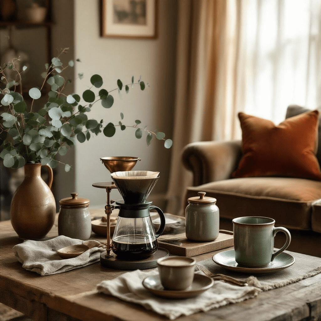 Single Cup Coffee Makers: The Ultimate Guide to Brewing Your Perfect Morning Cup Cozy living room coffee station with rustic wood console table showcasing an AeroPress setup, vintage brass scale, and artisanal coffee in glass jars, illuminated by soft morning light filtering through sheer curtains. Warm terracotta and sage tones with velvet cushions, fresh eucalyptus, and handcrafted ceramic mugs create an inviting atmosphere.