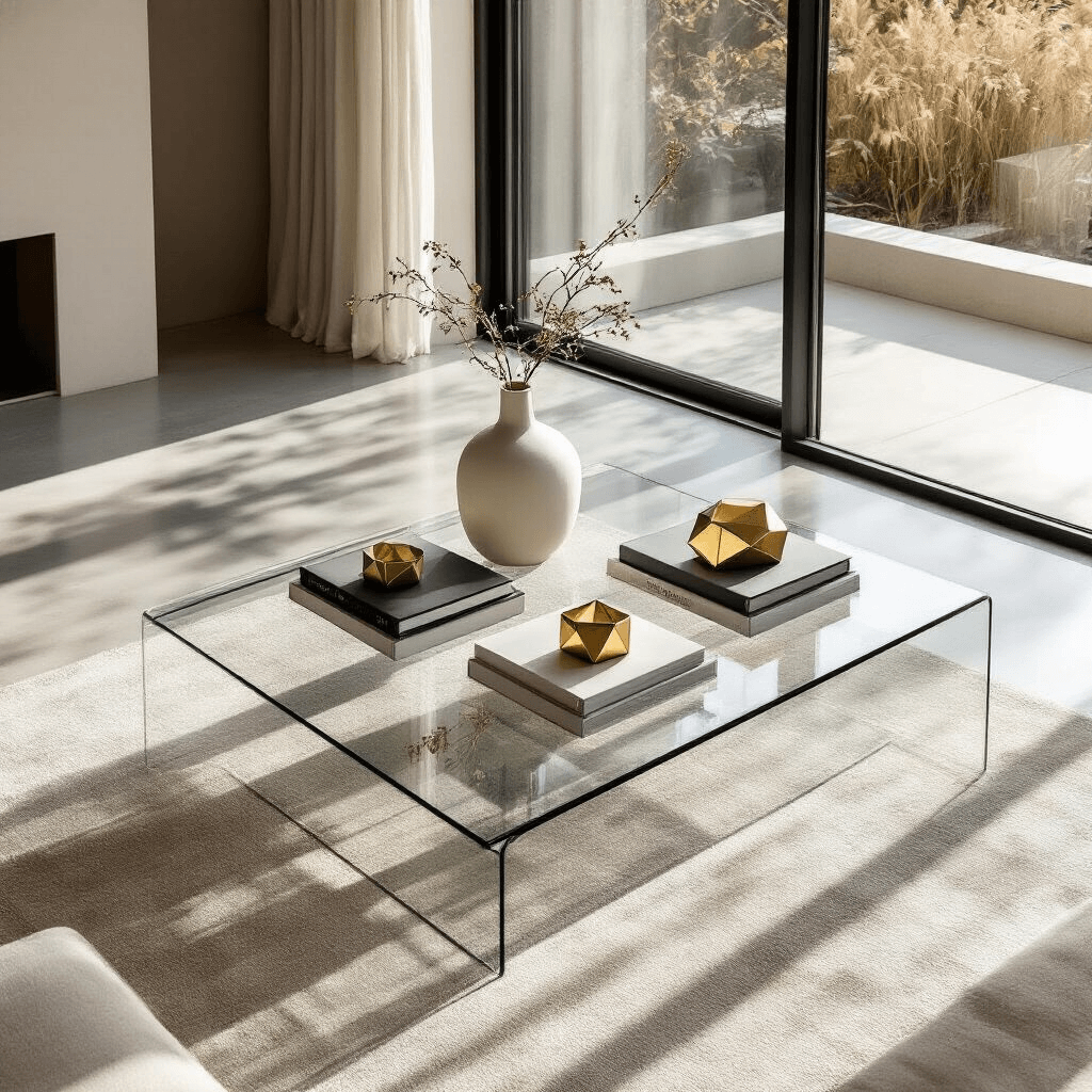 The Ultimate Guide to Glass Coffee Tables: Styling, Photography, and Decor Secrets Wide-angle shot of a modern minimalist living room with a glass coffee table, sunlight streaming through large windows, featuring a white vase, coffee table books, and brass candle holders on polished concrete floors.