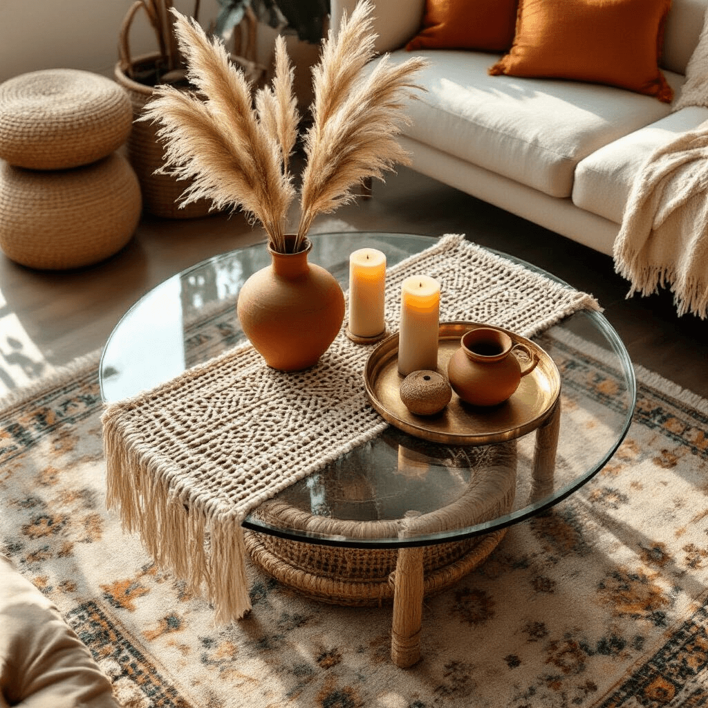 The Ultimate Guide to Glass Coffee Tables: Styling, Photography, and Decor Secrets Overhead view of a boho chic glass coffee table styled with a macrame runner, terracotta pottery, dried pampas grass, and brass candles, surrounded by warm amber lighting, sage green and burnt orange accents, a Persian rug, and floor cushions.