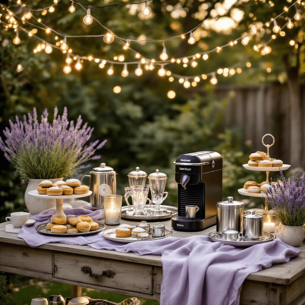 Single Cup Coffee Makers: The Ultimate Guide to Brewing Your Perfect Morning Cup A stylish backyard coffee cart adorned with fairy lights, featuring a Nespresso Vertuo, elegant glassware, and organized vintage tins of capsules. The setup showcases a lavender and cream color scheme with silk linens and fresh lavender sprigs, while tiered marble cake stands display pastries, all captured from an overhead perspective during golden hour.