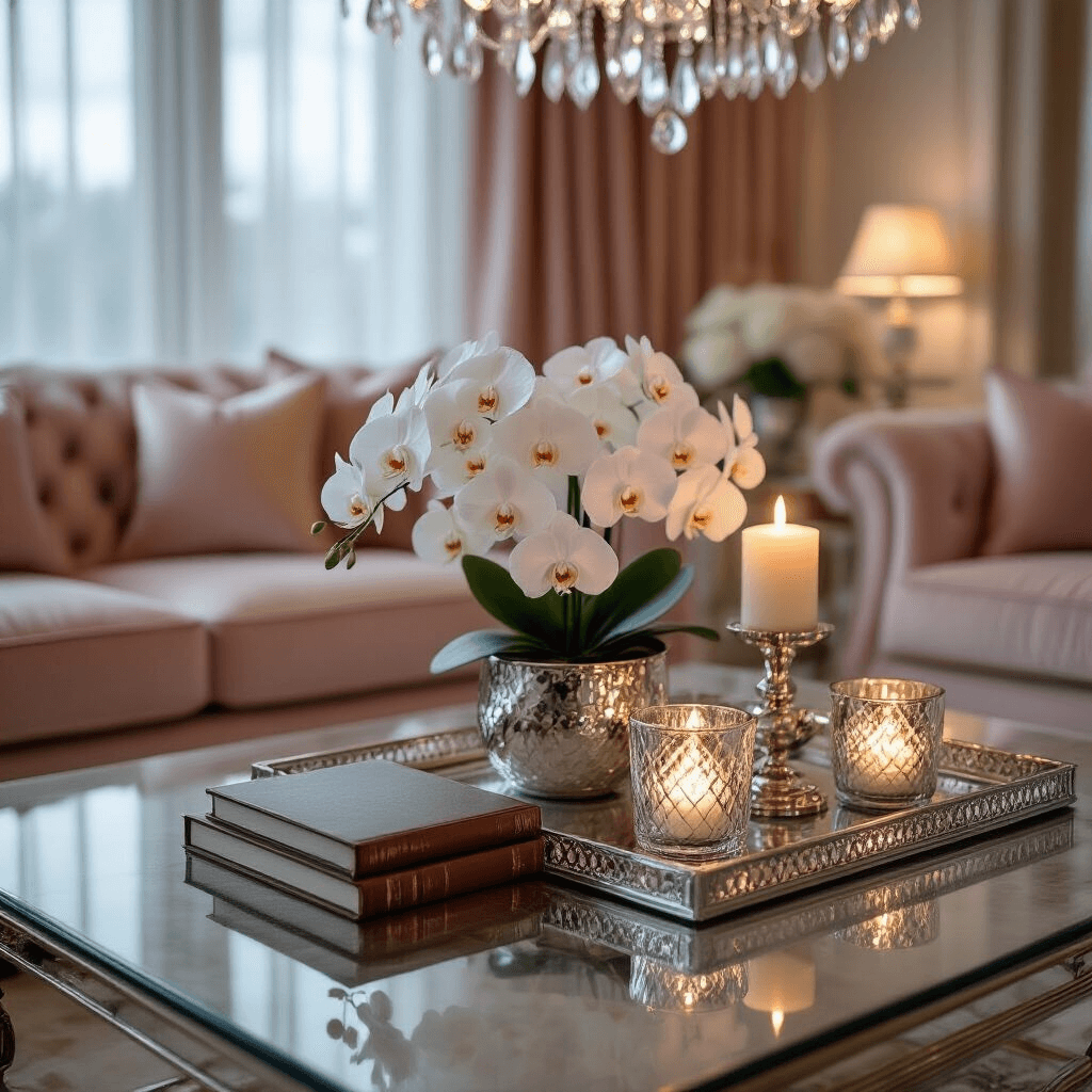 The Ultimate Guide to Glass Coffee Tables: Styling, Photography, and Decor Secrets Cinematic close-up of an elegant glass coffee table in a formal living room, adorned with white orchids, leather-bound books, and mercury glass votives, set against a soft candlelit atmosphere with a crystal chandelier, blush pink and cream colors, and luxurious velvet and marble accents.