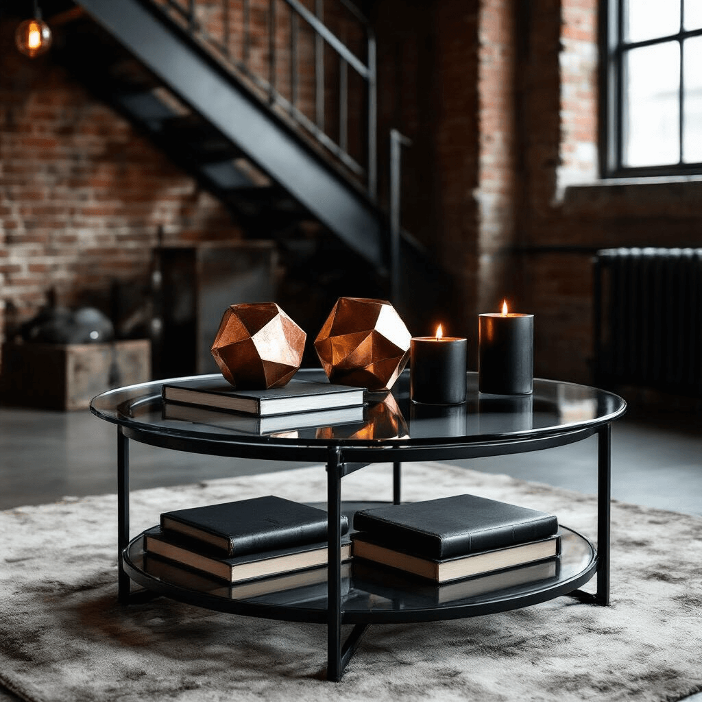The Ultimate Guide to Glass Coffee Tables: Styling, Photography, and Decor Secrets Detail shot of a round glass coffee table with a black steel frame, featuring copper geometric sculptures, dark leather journals, and matte black candles, set in a modern loft with exposed brick walls and metal beams, under moody lighting, showcasing rich jewel tones and raw textures.