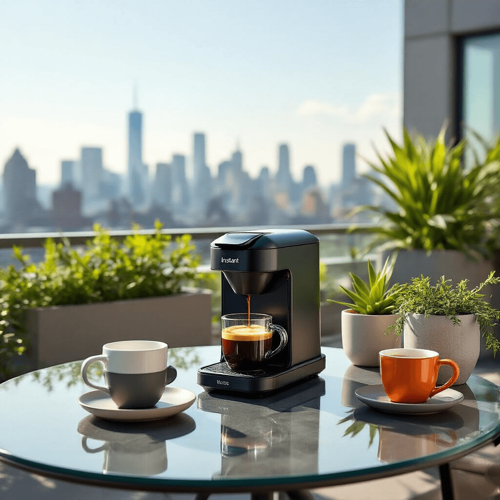 Single Cup Coffee Makers: The Ultimate Guide to Brewing Your Perfect Morning Cup Luxurious rooftop terrace coffee service featuring Instant Dual Pod Plus with bold primary color accents, sleek glass table, modern geometric planters, and contemporary ceramic serving pieces, set against a city skyline backdrop under midday sun.