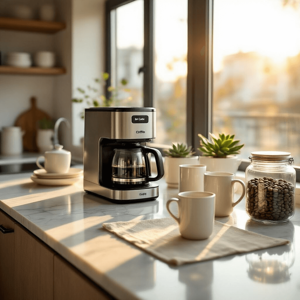 Mr. Coffee Makers: Your Ultimate Guide to Perfect Home Brewing Wide-angle view of a modern kitchen counter showcasing a sleek Mr. Coffee maker, polished marble surfaces glowing in warm morning sunlight, with ceramic mugs, a glass jar of coffee beans, and small succulents arranged in a clean, Instagram-ready aesthetic.