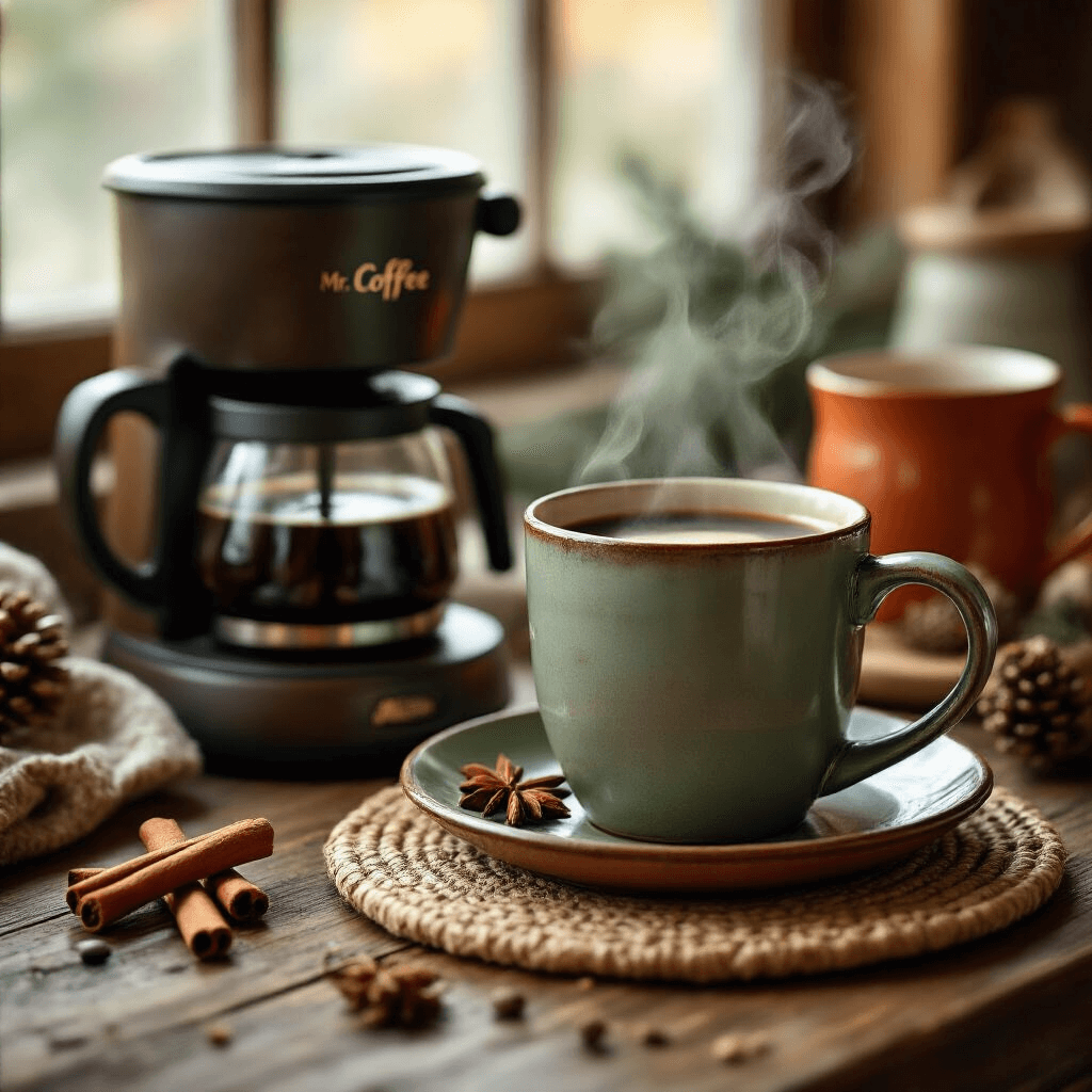 Mr. Coffee Makers: Your Ultimate Guide to Perfect Home Brewing Intimate close-up of a cozy coffee setup featuring a vintage Mr. Coffee brewer, a steaming ceramic mug on a rustic wood surface, surrounded by cinnamon sticks and holiday-themed accessories in warm terracotta and sage green hues, with layered textiles and soft natural daylight creating a warm, inviting atmosphere.