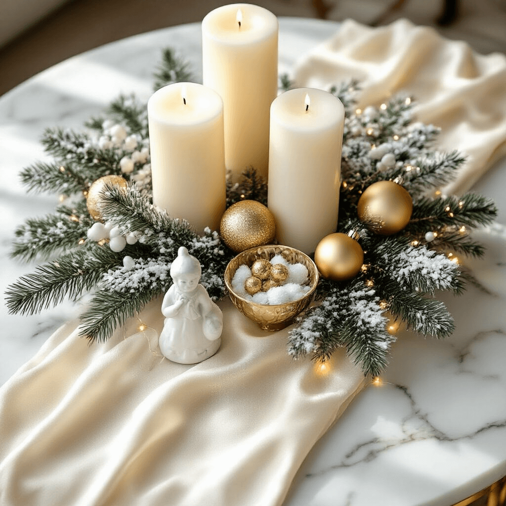 Magical Christmas Coffee Table Decor: Your Ultimate Styling Guide Elegant white and gold Christmas coffee table arrangement featuring ivory pillar candles, snow-dusted pine branches, champagne gold ornaments in crystal bowls, and soft morning light casting gentle shadows.