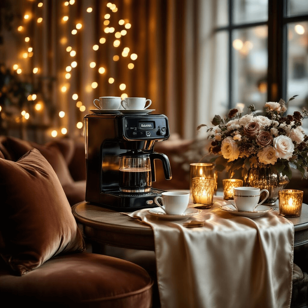 Mr. Coffee Makers: Your Ultimate Guide to Perfect Home Brewing Cinematic wide shot of an elegant coffee corner with fairy lights, velvet cushions, and luxury gold accents, featuring warm candlelit ambiance and rich textures for an upscale lifestyle setting.