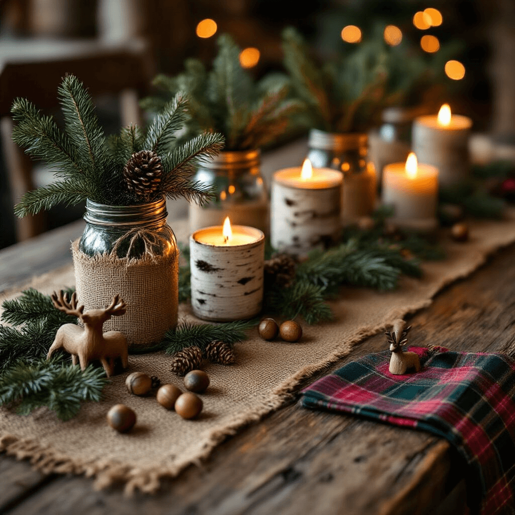 Magical Christmas Coffee Table Decor: Your Ultimate Styling Guide Close-up of a rustic woodland Christmas coffee table featuring a reclaimed wood surface with mason jars of evergreen sprigs, a frayed burlap runner, birch bark candle holders with flickering flames, scattered acorns, wooden reindeer figurines, and tartan plaid napkins, all illuminated by a warm candlelit glow in a cozy, moody atmosphere.