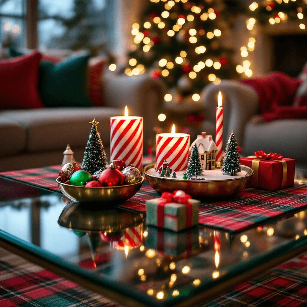 Magical Christmas Coffee Table Decor: Your Ultimate Styling Guide Cinematic wide shot of a whimsical Christmas-themed coffee table in a stylish apartment, featuring a glass-top with peppermint-striped candles, a miniature Christmas village, colorful glass baubles, and small wrapped presents, all under warm fairy lights for a magical ambiance.