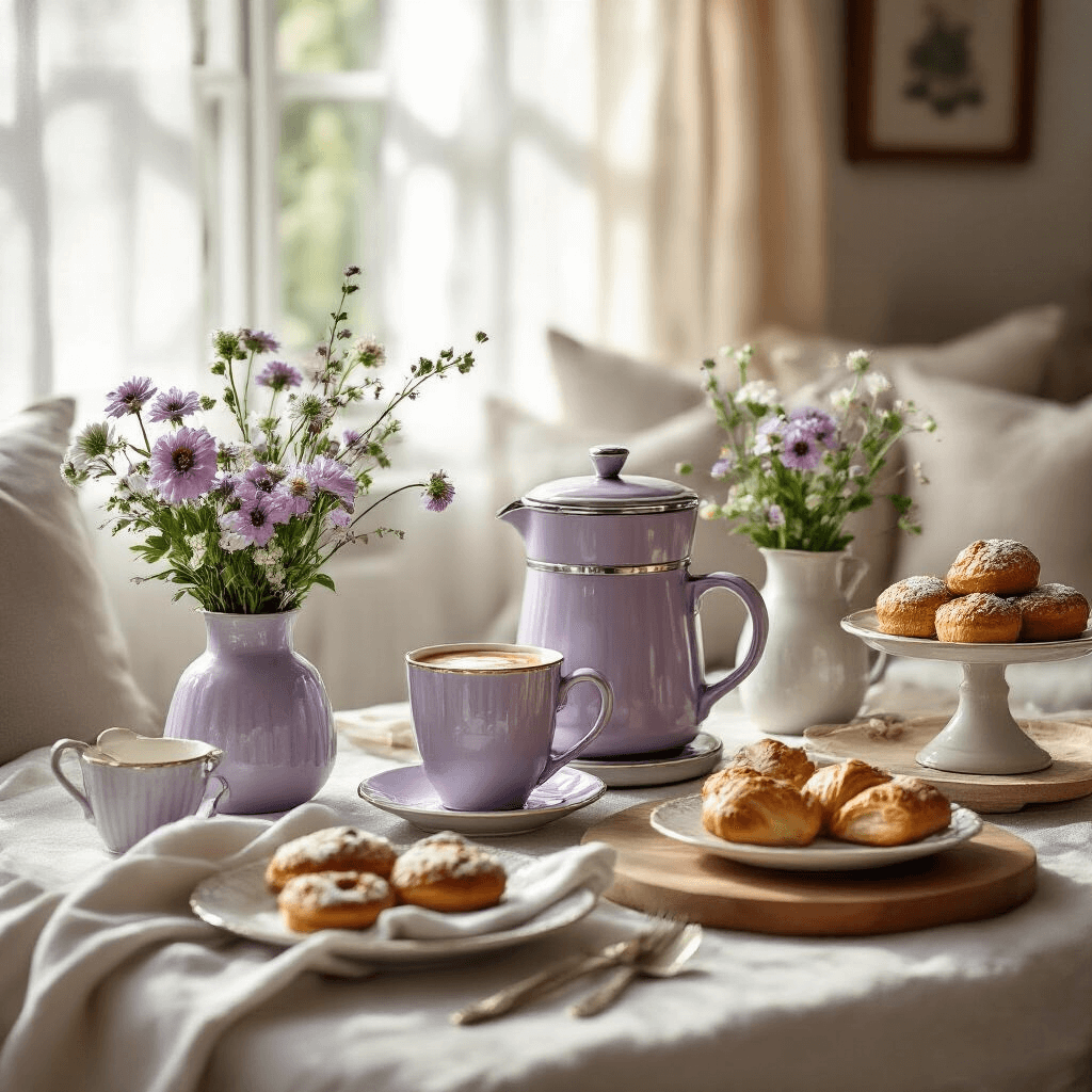 Mr. Coffee Makers: Your Ultimate Guide to Perfect Home Brewing A whimsical brunch coffee setup featuring vintage lavender and silver ceramic pieces, fresh flowers, and artisanal pastries in a cozy living room corner, illuminated by soft morning light.