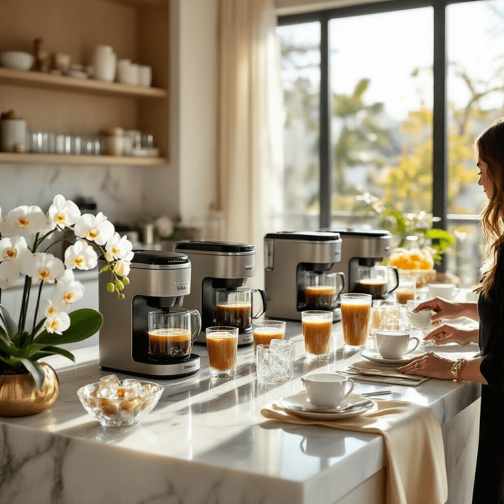 The Ultimate Guide to the Keurig K-Iced: Your Perfect Iced Coffee Companion Wide-angle shot of a sophisticated morning coffee tasting event in a sunlit modern apartment, featuring a marble kitchen island with Keurig K-Iced machines, crystal glasses of iced coffee, and an ivory and gold color palette with silk table runners and white orchids. Soft natural light filters through large windows as a professional barista demonstrates brewing techniques to an intimate group.