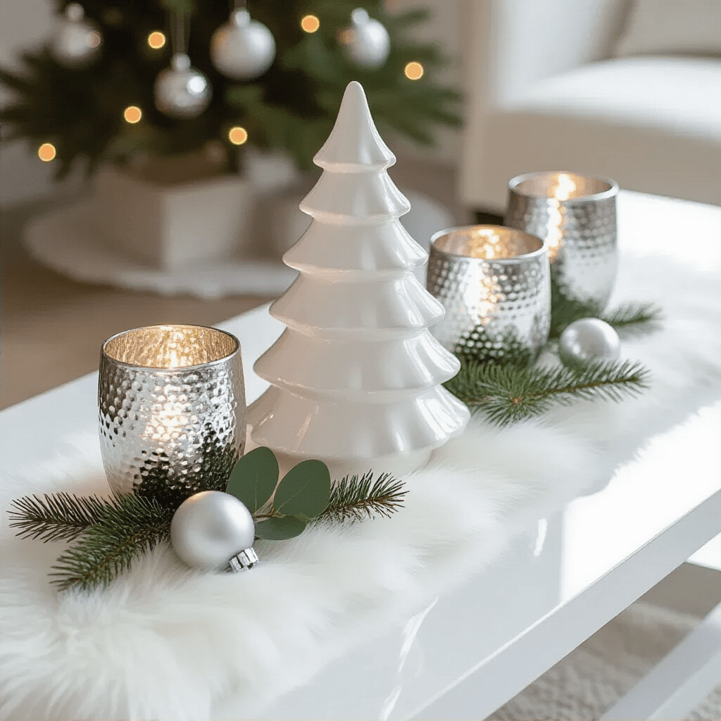 Magical Christmas Coffee Table Decor: Your Ultimate Styling Guide A minimalist Christmas coffee table arrangement featuring a tall white ceramic Christmas tree, silver mercury glass votives, a white faux fur table runner, silver ornaments, and a sprig of eucalyptus, all set on a sleek white lacquer surface with abundant negative space and soft natural daylight.