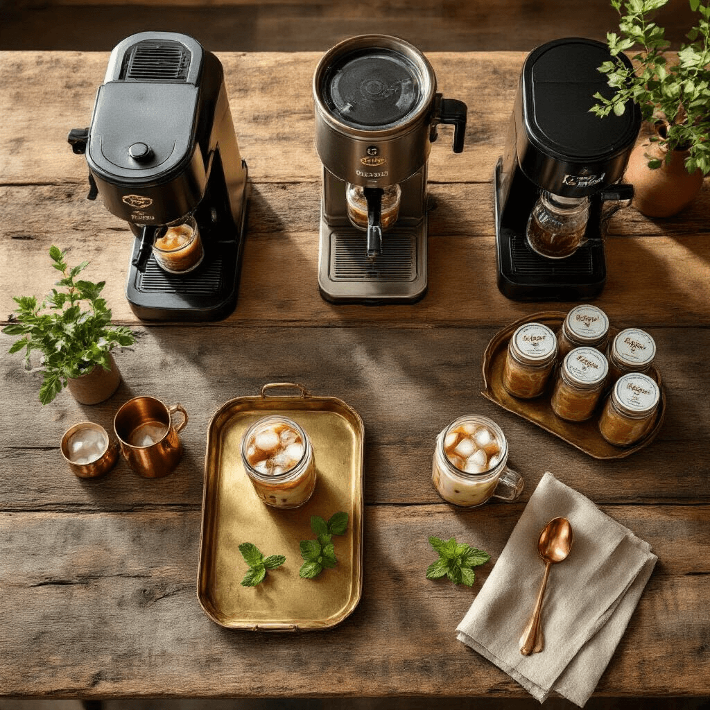 The Ultimate Guide to the Keurig K-Iced: Your Perfect Iced Coffee Companion Overhead view of an elegant iced coffee bar on a rustic wood table, featuring K-Iced machines, vintage brass trays, specialty ice in mason jars, a gourmet K-Cup tower, and copper utensils, all softly lit by golden hour light.