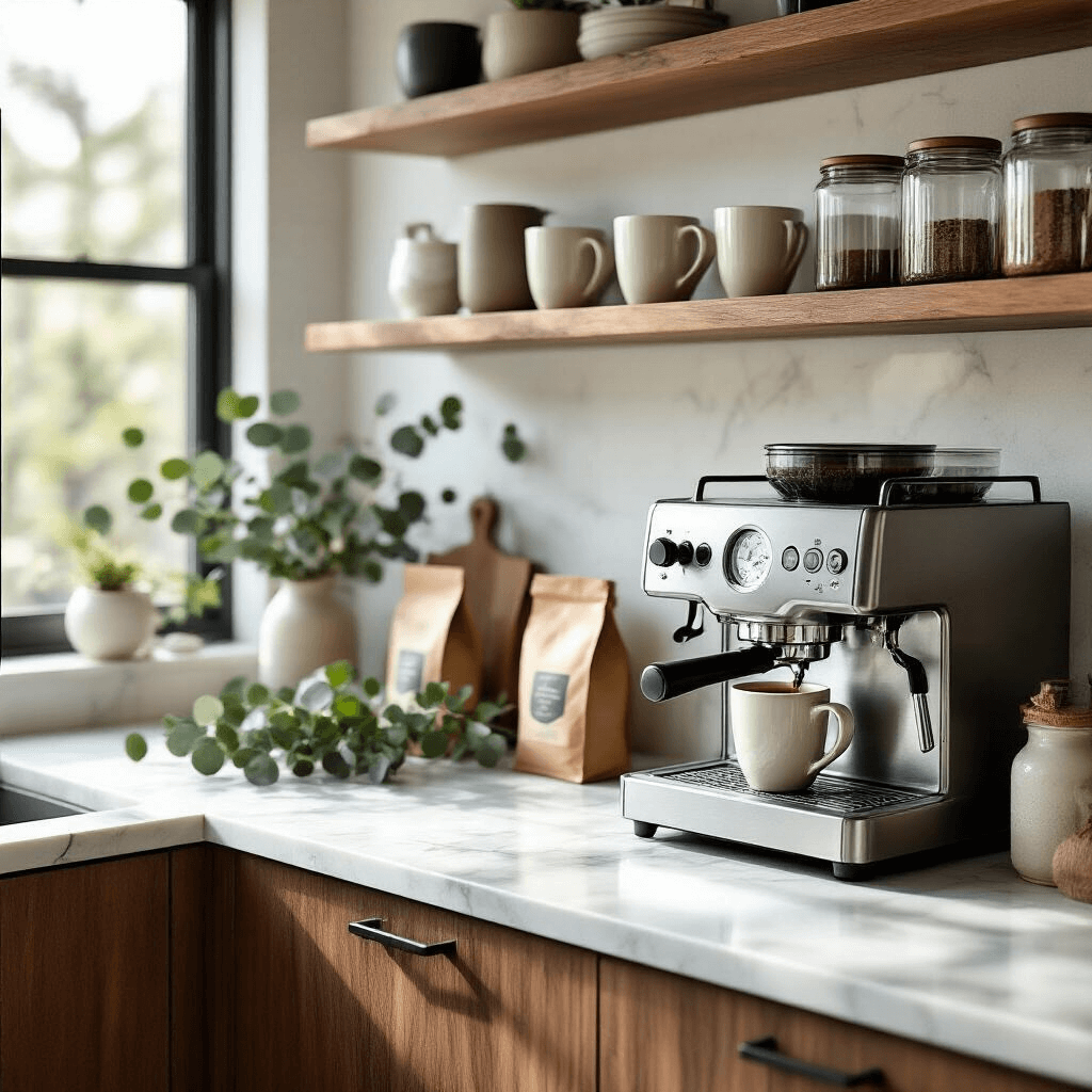 Creating the Perfect Kitchen Coffee Station: Your Ultimate Guide to Stylish and Functional Design Wide-angle view of a modern kitchen coffee station with marble countertops, walnut shelves holding mugs and jars, and an espresso machine illuminated by morning sunlight, featuring a color palette of warm whites, natural woods, and black accents, decorated with eucalyptus sprigs and coffee bags.