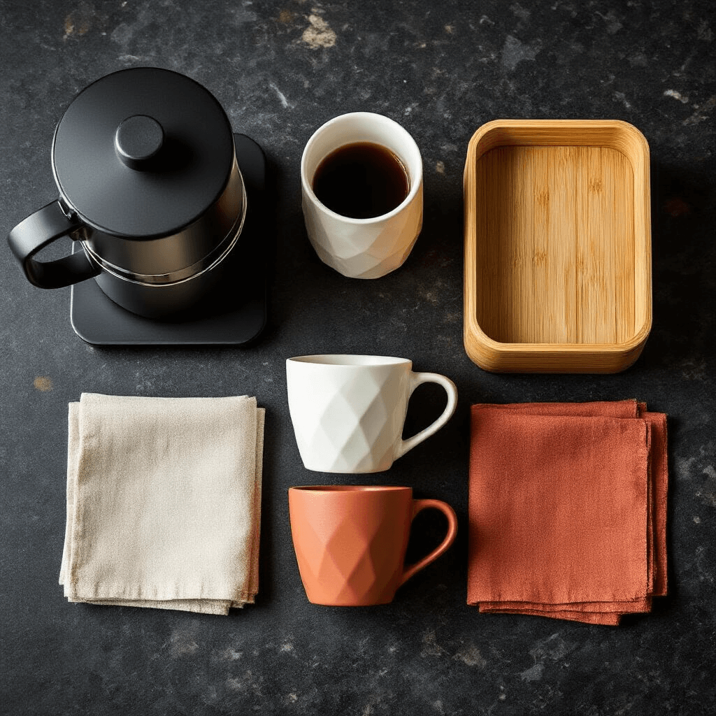 Creating the Perfect Kitchen Coffee Station: Your Ultimate Guide to Stylish and Functional Design Overhead flat lay of a coffee station featuring a matte black coffee maker, geometric white mugs, bamboo storage containers, and terracotta linen napkins, with soft lighting highlighting textures on a dark granite surface.