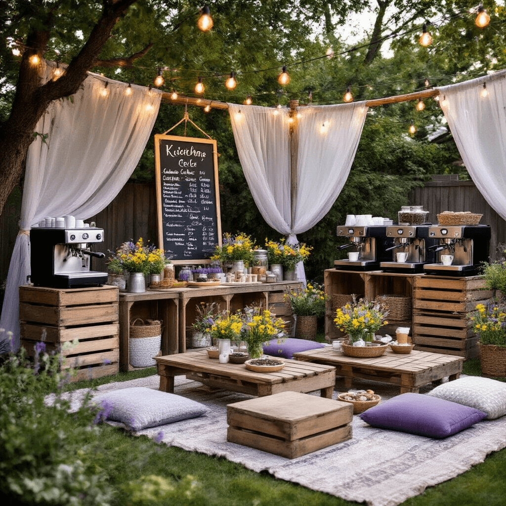 The Ultimate Guide to the Keurig K-Iced: Your Perfect Iced Coffee Companion Whimsical backyard coffee party setup with rustic wooden stations, K-Iced machines on vintage crates, colorful mason jars, chalkboard menu, lavender and silver decor, sheer drapery, string lights, picnic-style low tables with floor cushions, fresh wildflower centerpieces, and artisanal coffee bean bowls in a soft evening glow.