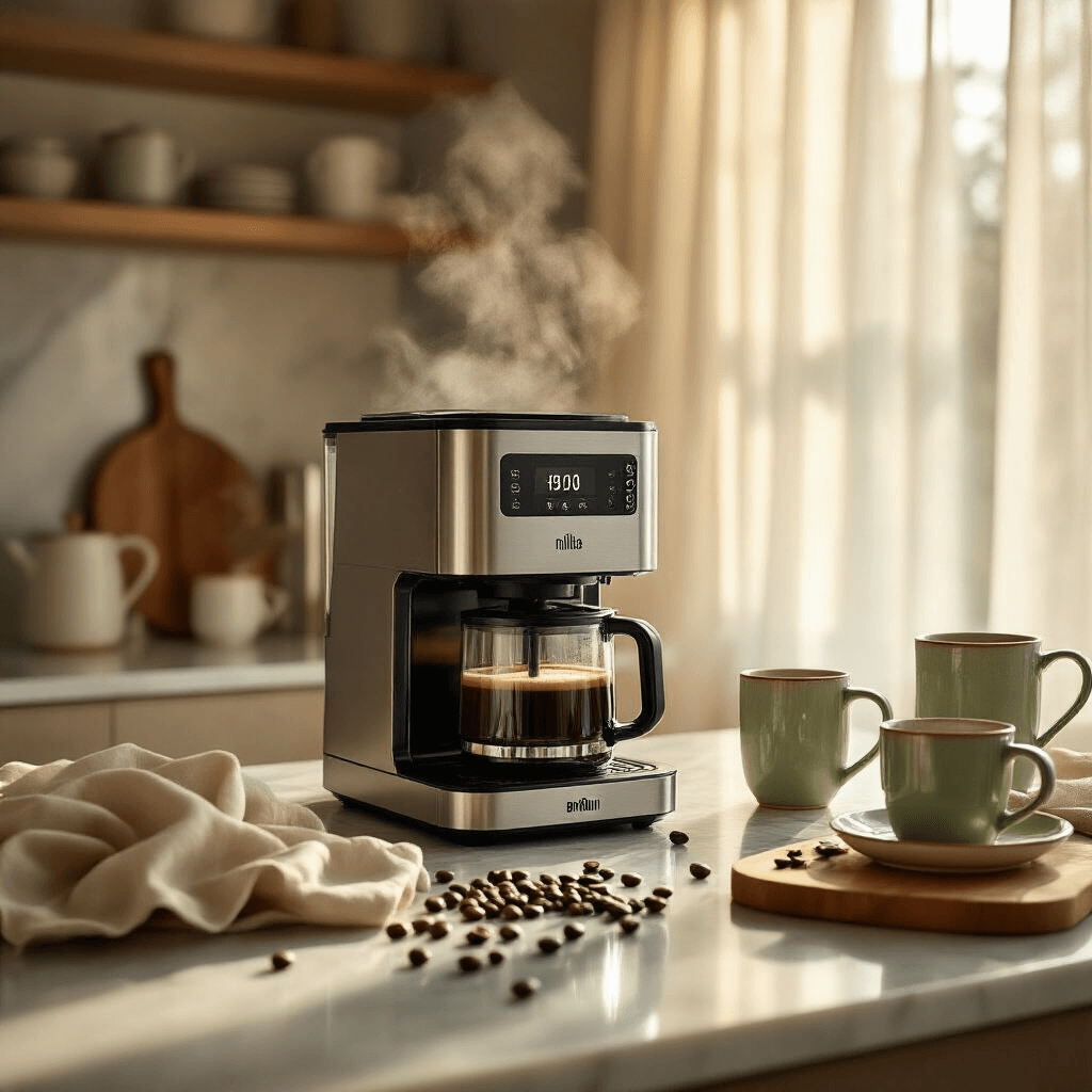 Capturing the Perfect Braun MultiServe Coffee Maker: A Comprehensive Content Creation Guide A modern kitchen illuminated by golden morning light, featuring a sleek Braun MultiServe coffee maker on marble countertops, surrounded by coffee beans, vintage ceramic mugs, and linen napkins in cream and sage. Steam rises from freshly brewed coffee, showcasing polished steel, smooth marble, and rustic wood textures in a warm, intimate setting.