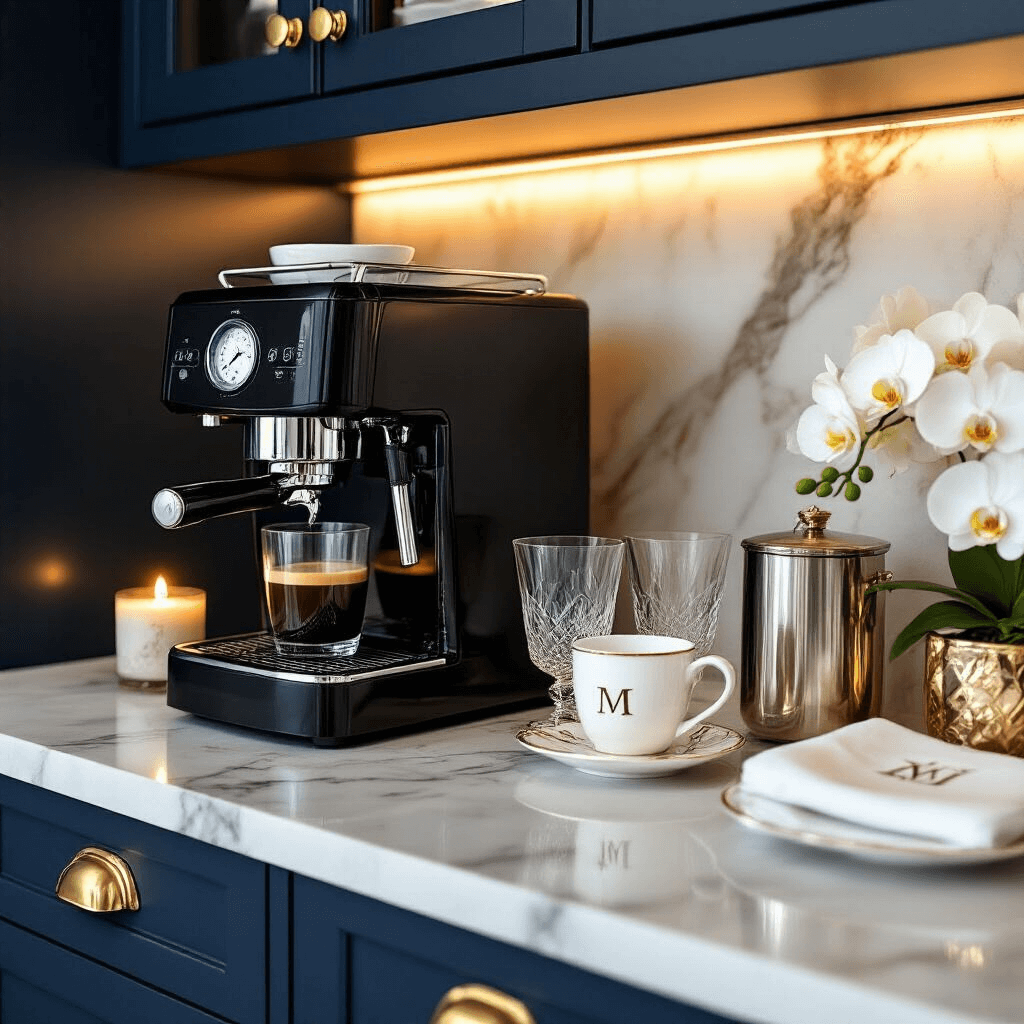 Creating the Perfect Kitchen Coffee Station: Your Ultimate Guide to Stylish and Functional Design Detail shot of a luxury coffee station with built-in cabinetry, marble backsplash, and under-cabinet LED lighting, featuring a high-end espresso machine, crystal glassware, and silver accessories, set in a candlelit ambiance with warm amber glow, showcasing deep navy cabinetry, gold hardware, and ivory marble veining, accented by fresh white orchids and monogrammed linens.
