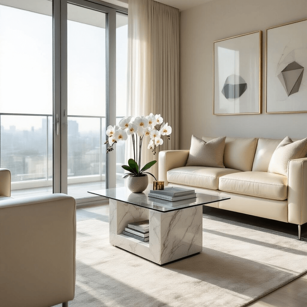 Mastering Small Coffee Tables: The Ultimate Guide to Compact Living Spaces Cinematic wide-angle shot of a modern apartment living room with a glass-top coffee table, cream leather seating, and marble accents, filled with soft morning light from floor-to-ceiling windows, featuring minimalist decor with white orchids and geometric candles.