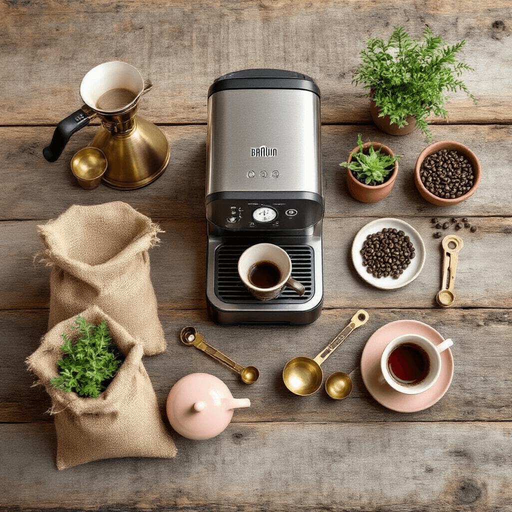 Capturing the Perfect Braun MultiServe Coffee Maker: A Comprehensive Content Creation Guide Overhead view of a coffee station on reclaimed wood, featuring a Braun MultiServe, vintage brass measuring spoons, burlap coffee bean bags, ceramic pour-over vessels, and small terracotta pots with greenery, styled in a soft blush pink and ivory color scheme.