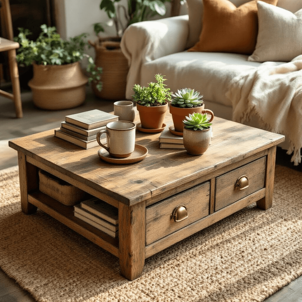 Mastering Small Coffee Tables: The Ultimate Guide to Compact Living Spaces Overhead view of a rustic wooden coffee table with hidden drawers, styled with ceramic mugs, succulents in terra cotta pots, and vintage books, illuminated by golden hour light, on a woven jute rug with linen throw pillows in a cozy studio apartment.