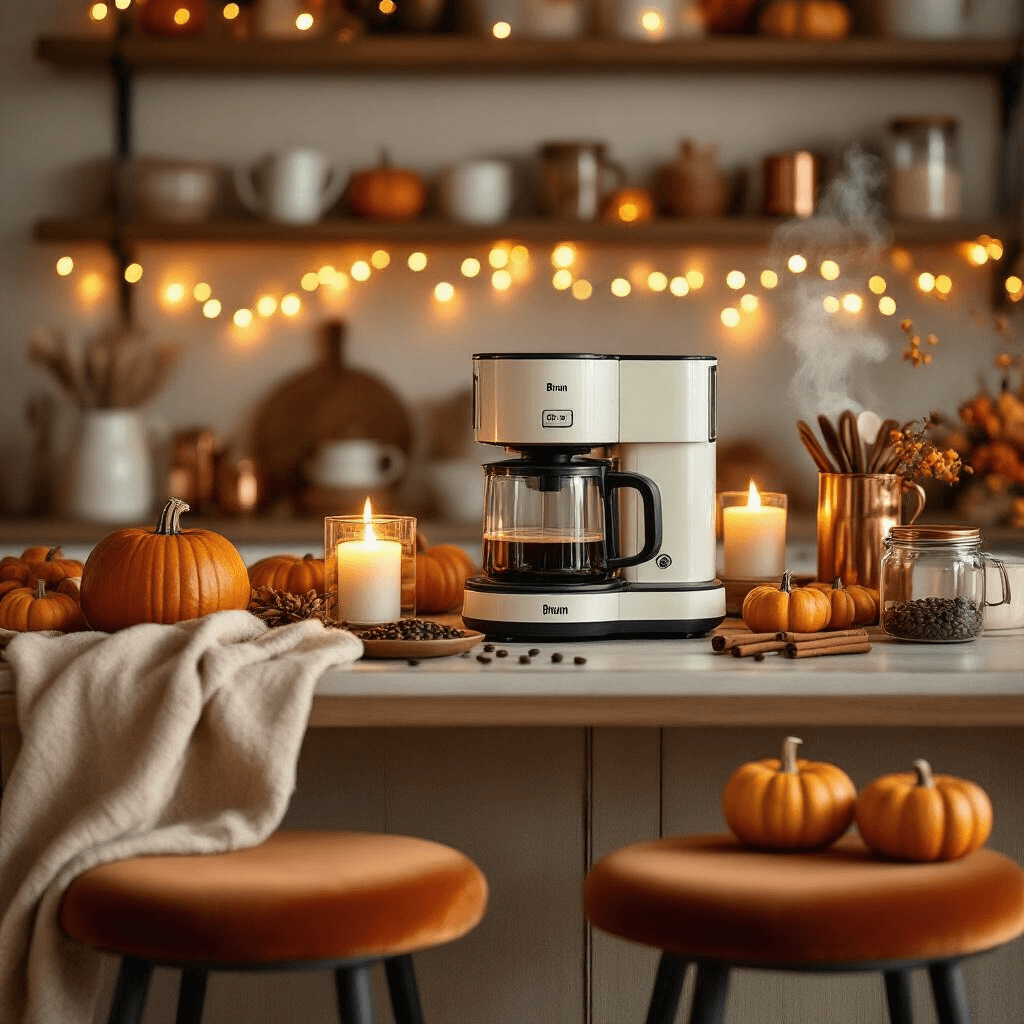 Capturing the Perfect Braun MultiServe Coffee Maker: A Comprehensive Content Creation Guide Cozy autumn-themed kitchen vignette featuring a Braun MultiServe surrounded by seasonal elements like small pumpkins and cinnamon sticks, with warm candlelight and fairy lights creating a soft bokeh effect. The scene is styled in a pumpkin spice color palette, complete with velvet cushioned bar stools and copper accessories, all bathed in golden-hour lighting with steam from coffee adding to the atmospheric mood. Floating shelves display ceramic mugs and glass jars filled with coffee beans.
