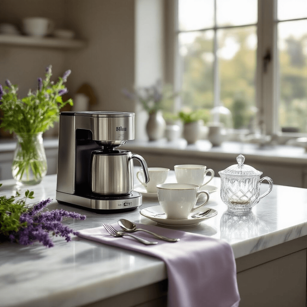 Capturing the Perfect Braun MultiServe Coffee Maker: A Comprehensive Content Creation Guide Elegant coffee service on a marble kitchen island with a Braun MultiServe, fine bone china cups, silver spoons, and a crystal sugar bowl, all bathed in soft morning light from floor-to-ceiling windows, accented by lavender sprigs, a silk table runner, and a shallow depth of field for added elegance.