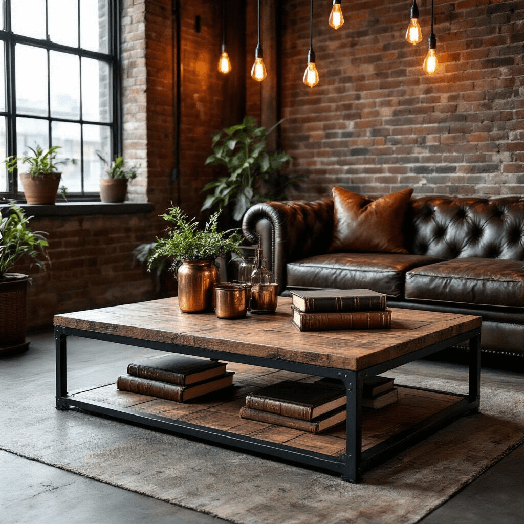 Mastering Small Coffee Tables: The Ultimate Guide to Compact Living Spaces Moody industrial coffee table made of metal and reclaimed wood in a loft with exposed brick walls and Edison bulb lights, styled with vintage books, copper planters, and glassware in a color palette of charcoal, warm copper, and rich brown leather.