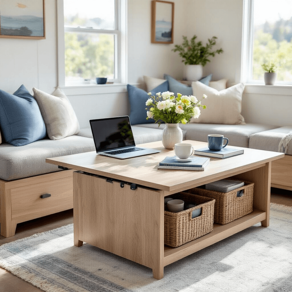 Mastering Small Coffee Tables: The Ultimate Guide to Compact Living Spaces A bright, wide-angle view of a convertible lift-top coffee table in a tiny home living area, showcasing its dual functionality as a laptop workspace and hidden storage, styled with modern ceramics, fresh flowers, and organizing baskets, all within a white oak and soft blue color palette.