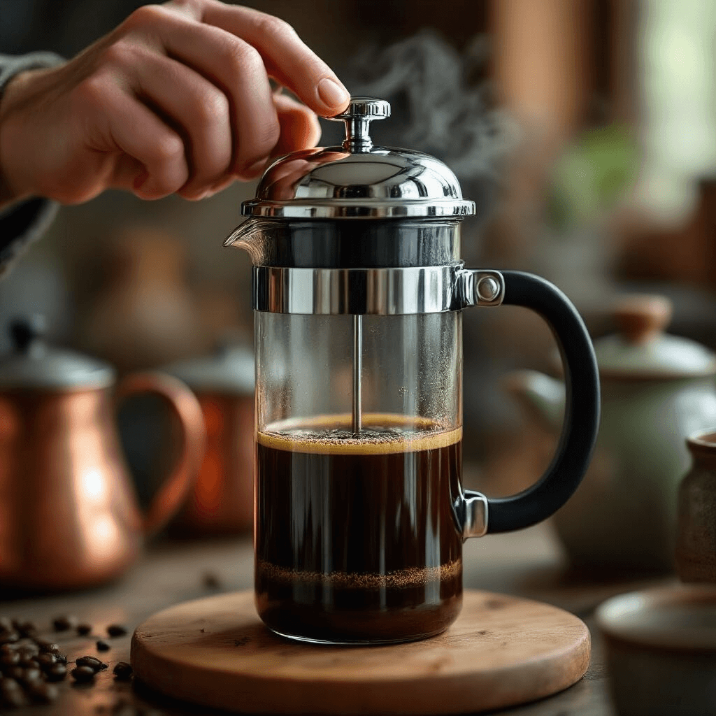 The Ultimate Guide to French Press Coffee Makers: Brew Like a Pro Close-up of hands pressing a chrome plunger through dark coffee in a French press, showcasing coffee grounds separating through a mesh filter with warm steam rising, set against a blurred background of copper and terracotta containers in moody lighting.