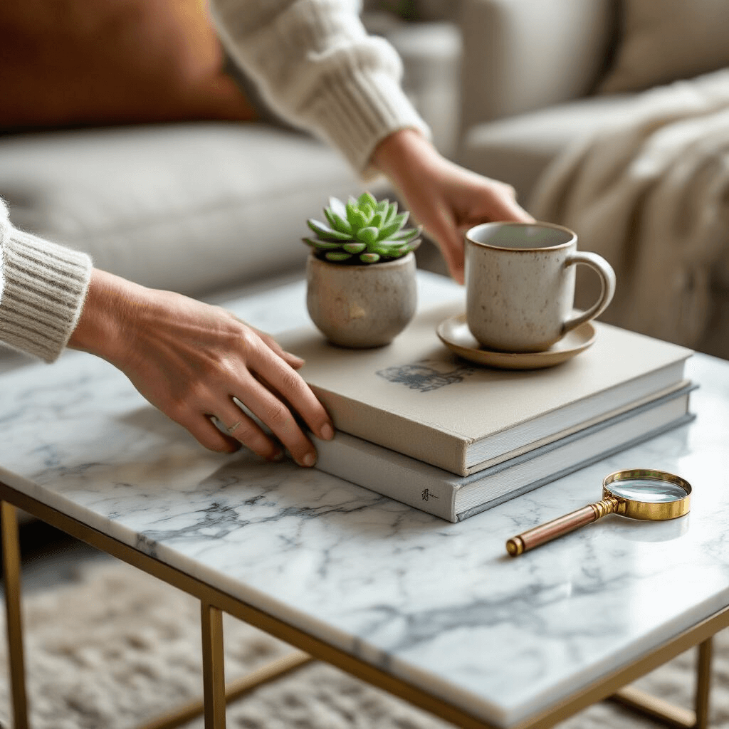 Unique Coffee Table Design: Transform Your Living Space with Artistic Furniture Close-up of hands arranging coffee table books on a geometric brass and marble coffee table, with a succulent, brass magnifying glass, and ceramic mug in a cozy living room illuminated by soft morning light.