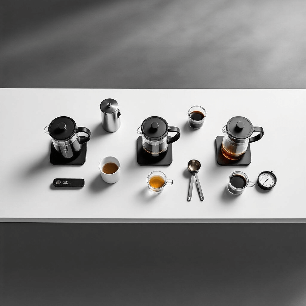 The Ultimate Guide to French Press Coffee Makers: Brew Like a Pro Overhead view of a minimalist coffee tasting setup with three French press models, measuring spoons, a timer, and small glass cups of varying coffee shades on sleek modern countertops, showcasing a monochromatic palette and soft studio lighting.