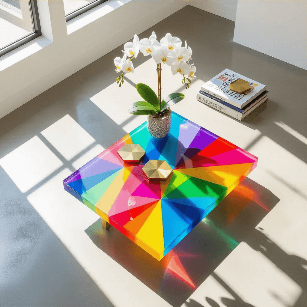 Unique Coffee Table Design: Transform Your Living Space with Artistic Furniture Overhead view of a colorful resin coffee table embedded with rainbow-colored pencils, featuring geometric patterns, bright sunlight casting shadows, complemented by a single white orchid, brass coasters, and art books in a modern apartment with white walls and polished concrete floors.
