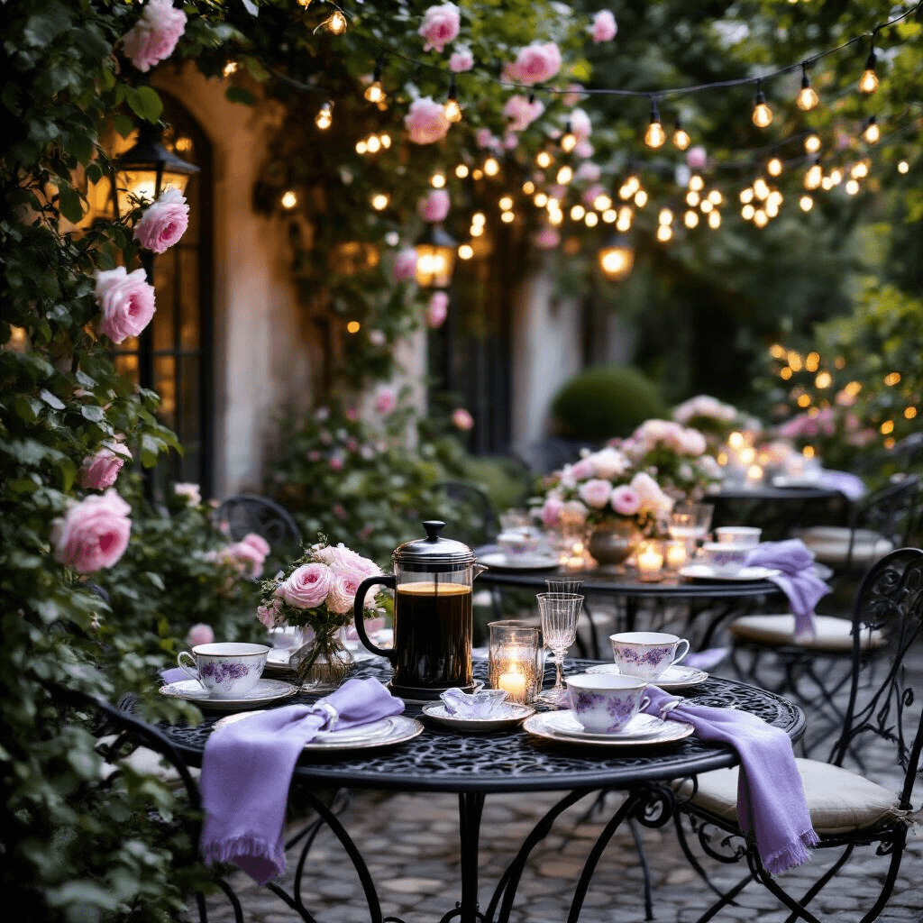 The Ultimate Guide to French Press Coffee Makers: Brew Like a Pro Elegant outdoor terrace setup with a French press coffee station, wrought iron tables, climbing roses, string lights, vintage china cups, silver trays, and lavender linen napkins, all creating a romantic garden party ambiance with candlelight and twilight glow.