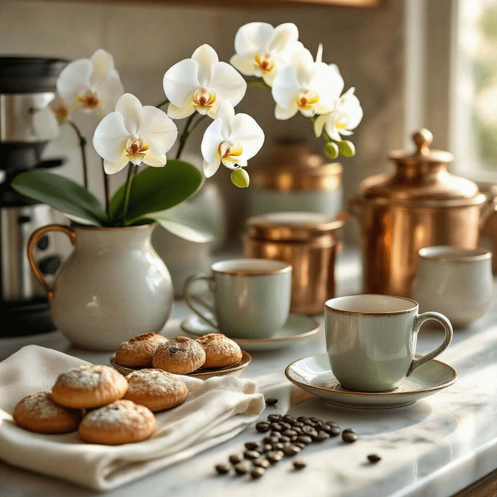 Creating the Perfect Coffee Corner Kitchen: A Comprehensive Guide Intimate close-up of an elegantly styled coffee station on marble countertops, featuring vintage brass accessories, fresh white orchids, silk napkins, polished copper canisters, and hand-thrown pottery mugs, all bathed in warm golden hour light with soft shadows.