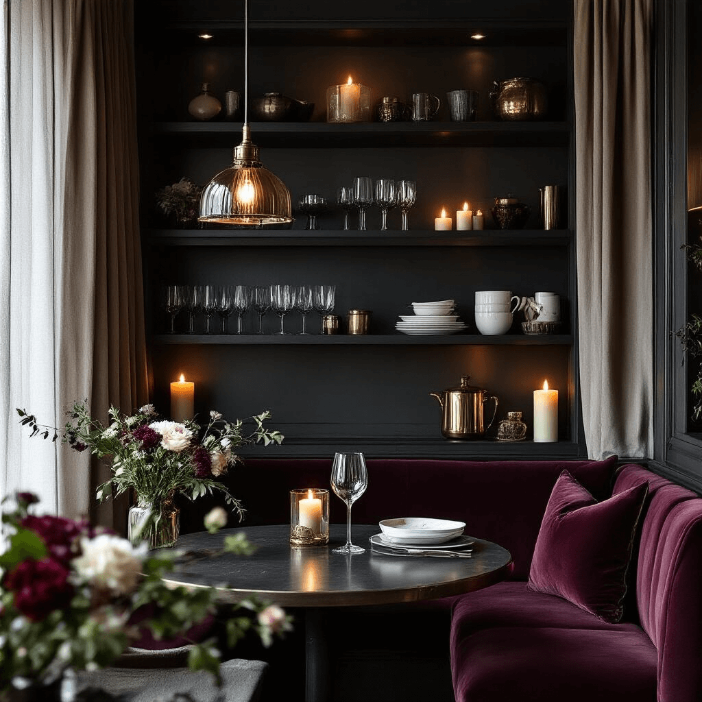 Creating the Perfect Coffee Corner Kitchen: A Comprehensive Guide A cozy coffee nook in an intimate dining space, illuminated by candlelight, featuring dark wood shelves with glassware and ceramics, moody pendant lights, and rich decor in charcoal, brass, and deep burgundy, accented by fresh flowers and velvet textiles.