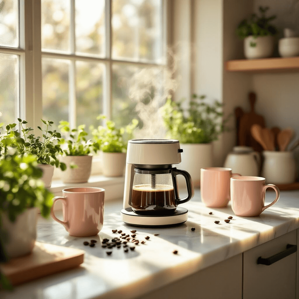 Small Coffee Makers: Your Perfect Compact Brewing Solution Wide-angle shot of a cozy modern kitchen bathed in golden morning sunlight, featuring a small coffee maker on a white marble countertop surrounded by blush pink and cream ceramic mugs, with steam rising from freshly brewed coffee and scattered coffee beans, complemented by potted herbs and a warm, minimalist aesthetic.