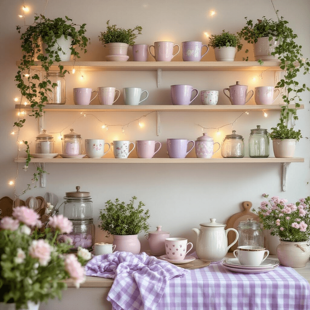 Creating the Perfect Coffee Corner Kitchen: A Comprehensive Guide Whimsical coffee corner featuring pastel decor, colorful vintage mugs on floating shelves, glass jars, small potted plants, layered gingham linens, and soft lavender and blush ceramics, illuminated by delicate fairy lights and accented with fresh flowers and handmade pottery.