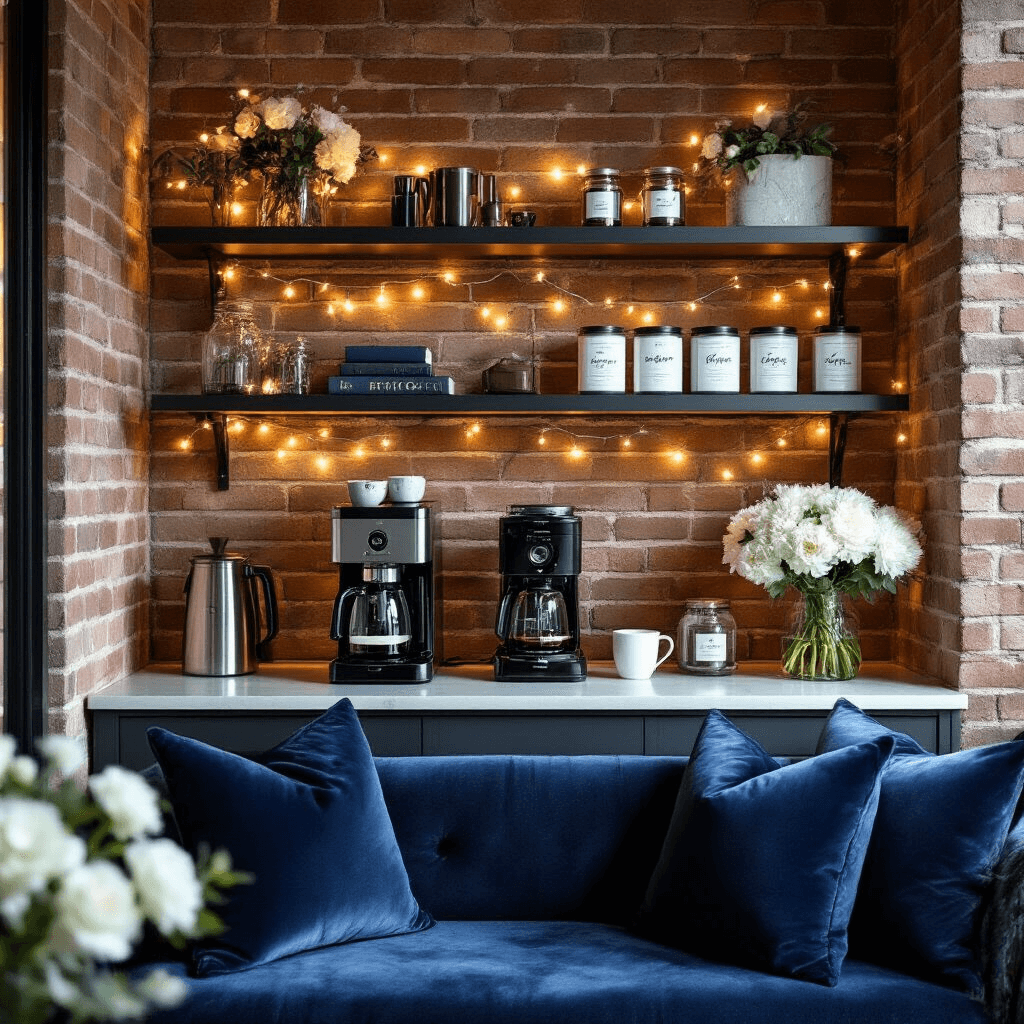 Small Coffee Makers: Your Perfect Compact Brewing Solution Cinematic home office coffee station featuring compact brewing equipment on floating shelves, accented by fairy lights, velvet navy cushions, fresh white florals, and personalized coffee blend labels against an exposed brick wall in a moody, luxurious setting.