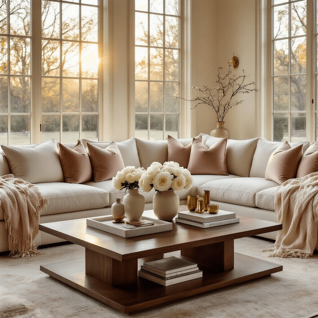 Wood Coffee Tables: The Ultimate Guide to Styling, Choosing, and Transforming Your Living Space Elegant indoor living room bathed in golden hour sunlight, featuring a walnut wood coffee table surrounded by a cream and ivory sectional sofa, adorned with blush silk throws, white peonies in ceramic vases, leather-bound books, brass candlesticks, and a marble tray, all highlighting a luxurious atmosphere.