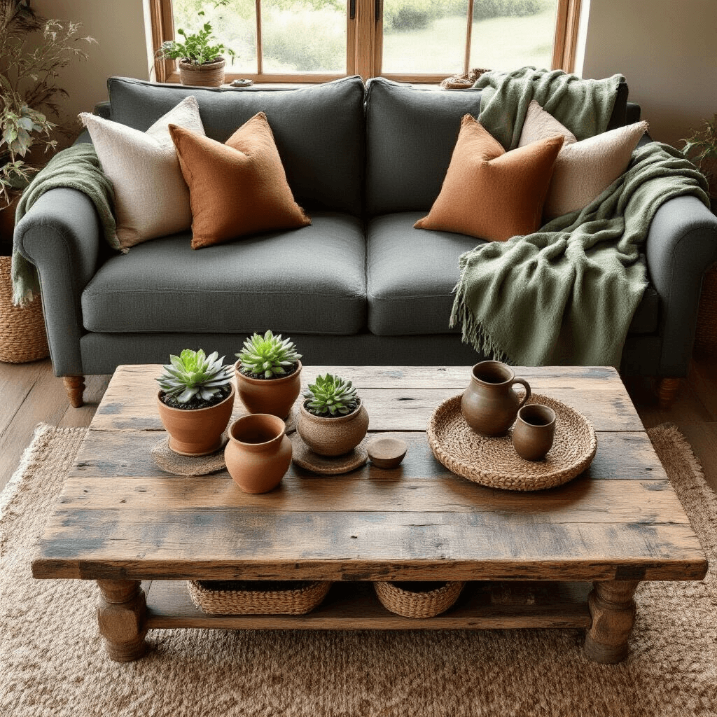Wood Coffee Tables: The Ultimate Guide to Styling, Choosing, and Transforming Your Living Space Overhead shot of a rustic reclaimed wood coffee table in a cozy living room, featuring sage green linen throws on a charcoal sofa, eco-friendly decor including terracotta succulents, weathered wood, vintage brass, and handwoven baskets, all in a warm earth tone palette.